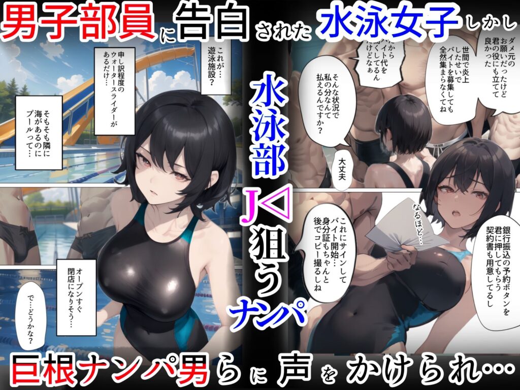 天才水泳女子が開業前の精液プールでチャラ男集団に快楽堕ちするNTR同人漫画のサンプル画像